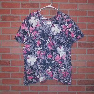 3X floral scrub top White Cross gray pink tropical